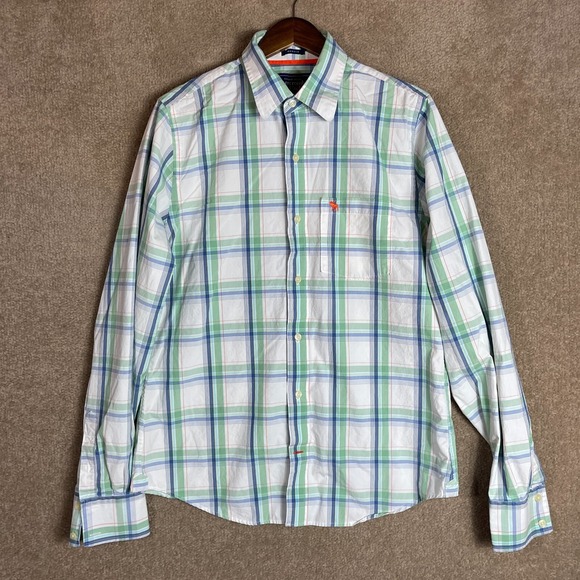 Abercrombie & Fitch Shirt Mens XL White/Green Muscle Fit Plaid Button Up Woven - Picture 1 of 9
